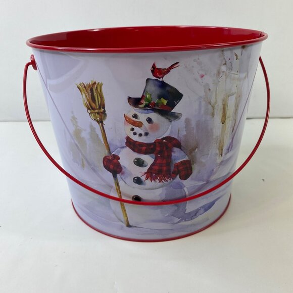 Holiday Time Christmas Winter Metal Tin Pail Snowman Cardinal Design Decoration - Picture 2 of 5